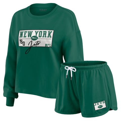 Women's WEAR by Erin Andrews Green New York Jets Heavy Rugby Jersey Long Sleeve T-Shirt & Shorts Lounge Set