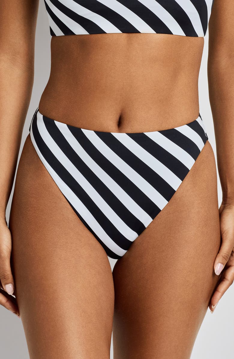 Lauren Ralph Lauren Stripe High Leg Bikini Bottoms, Main, color, Black/ White