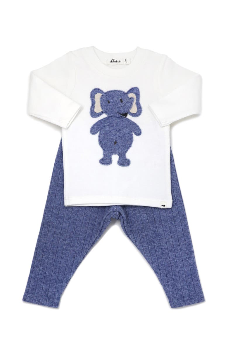 oh baby! Ragdoll Elephant Long Sleeve Cream Tee Mixed Two Piece Set, Alternate, color, Blue Heather