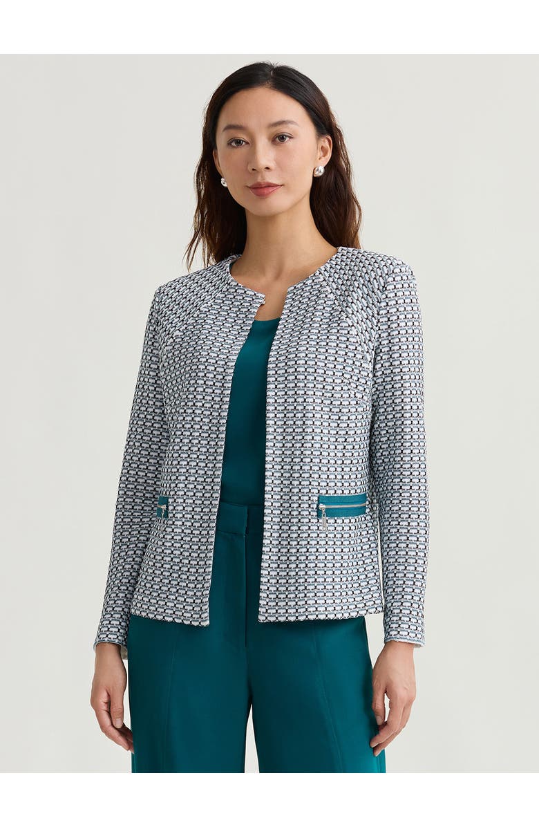 Misook Heritage Tri-Color Basketweave Knit Jacket, Main, color, Spruce/White/Black