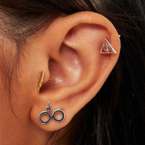 Harry Potter Deathly Hallows And Lightning Bolt Studs Earrings, 3-pack In Metallic