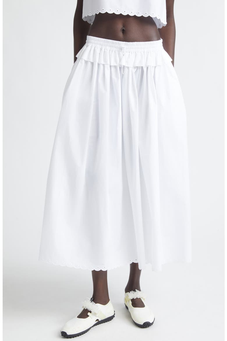 Dalia Scalloped Broderie Anglaise Trim Poplin Midi Skirt, Main, color, WHITE