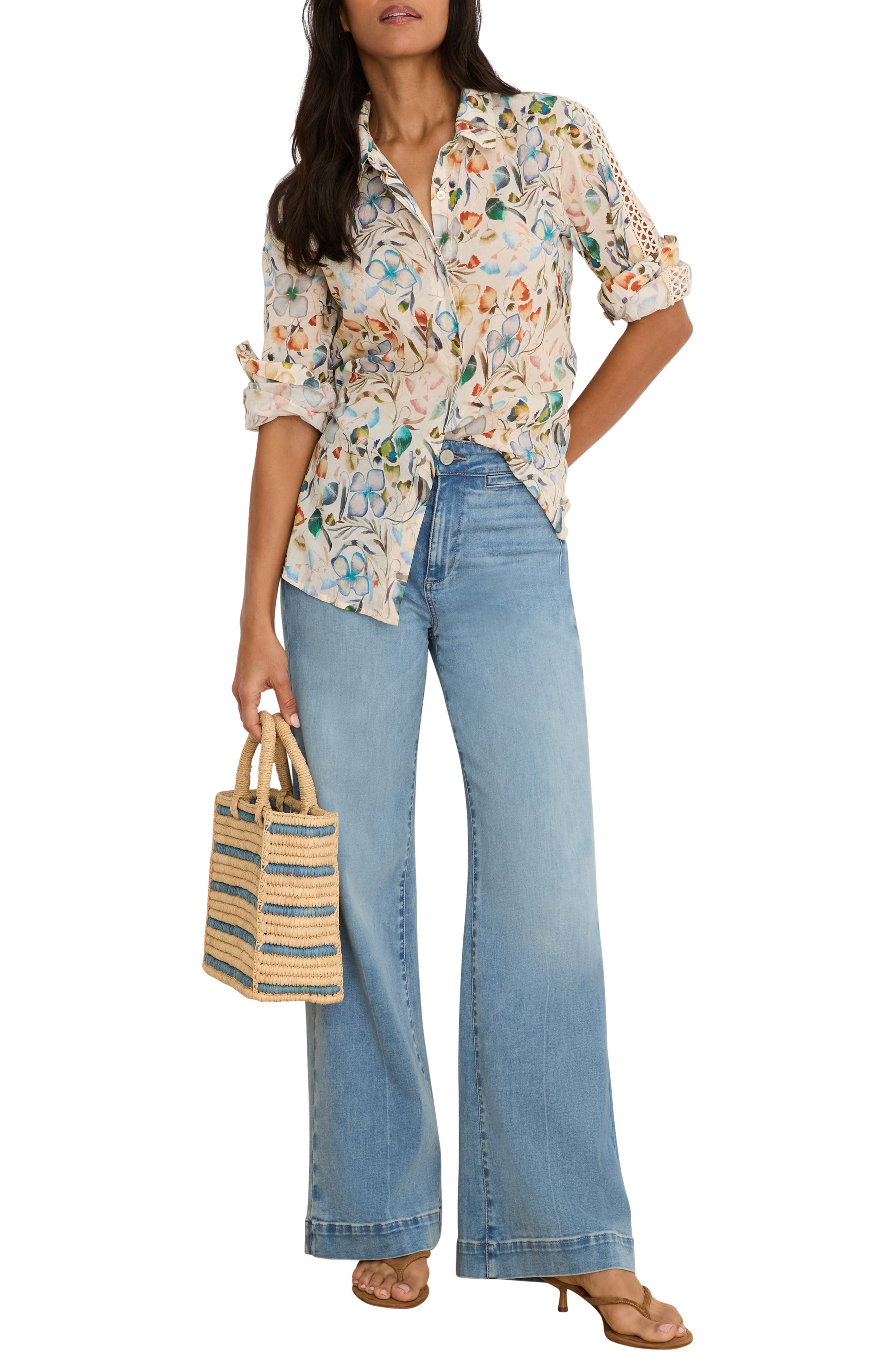 Pressed Flower Crochet Trim Cotton Button-Up Top - image 2