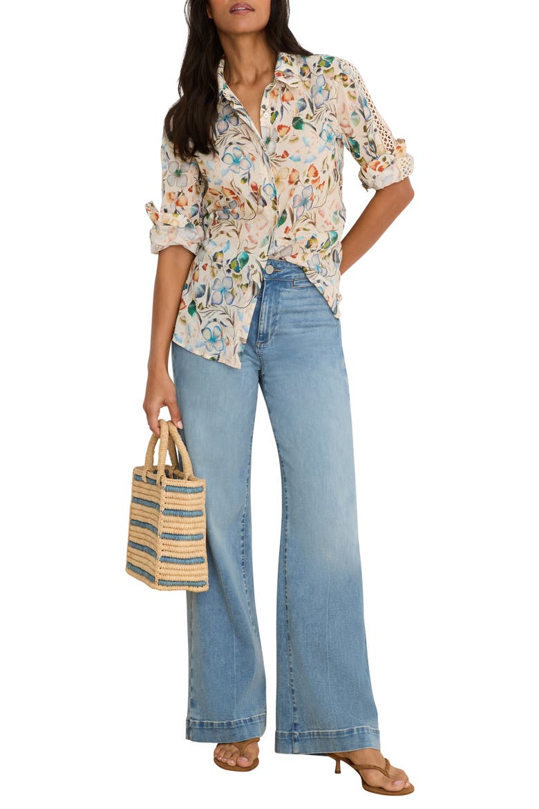 Pressed Flower Crochet Trim Cotton Button-Up Top, Alternate, color, NEUTRAL MULTI
