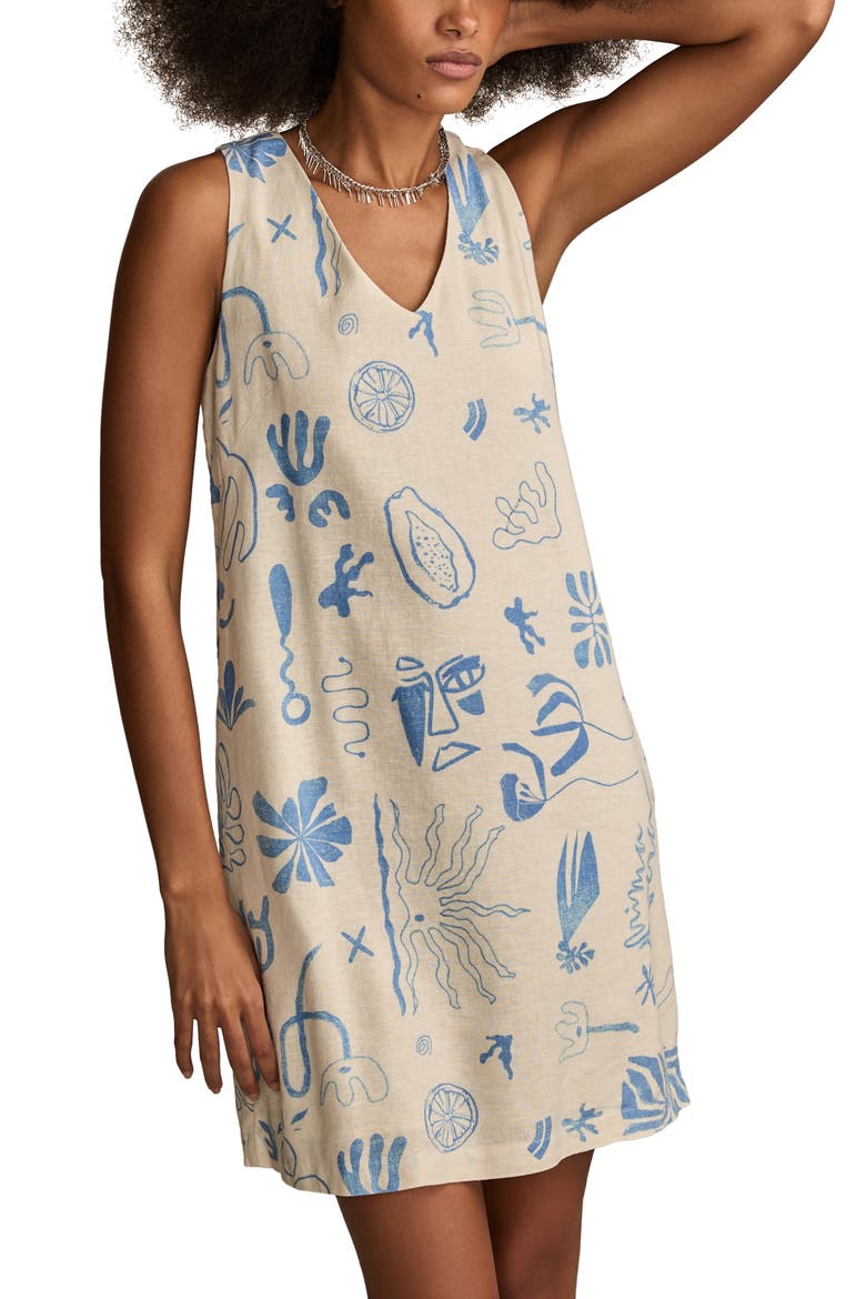 Mixed Print Linen Blend Sleeveless Minidress, Alternate, color, BLUE CORAL PRINT