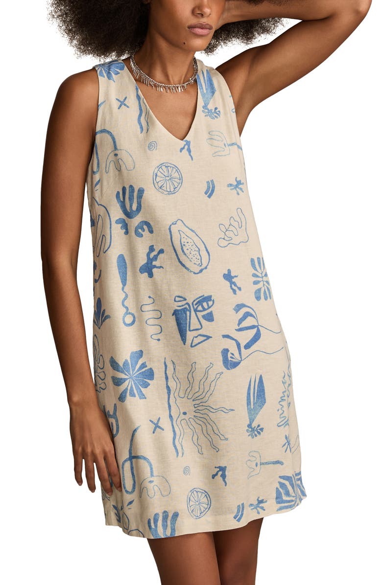 Lucky Brand Mixed Print Linen Blend Sleeveless Minidress, Alternate, color, Blue Coral Print