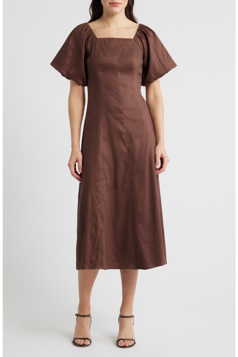 Seam Detail Linen Blend Midi Dress, Alternate, color, BROWN ROAST