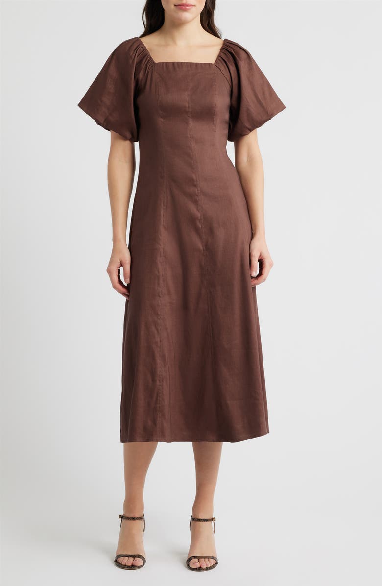 Nordstrom Seam Detail Linen Blend Midi Dress, Alternate, color, Brown Roast