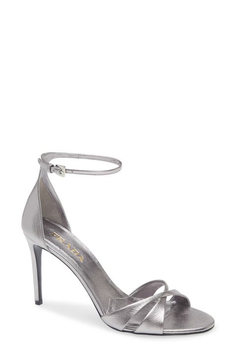 Saffiano Metallic Leather Ankle Strap Sandal (Women)