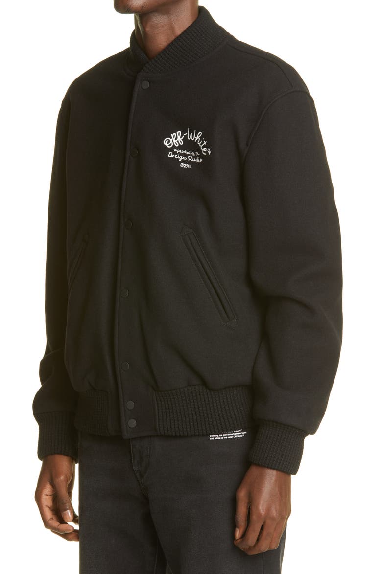 Logo Arrow Wool Blend Varsity Jacket, Alternate, color, BLACK WHITE