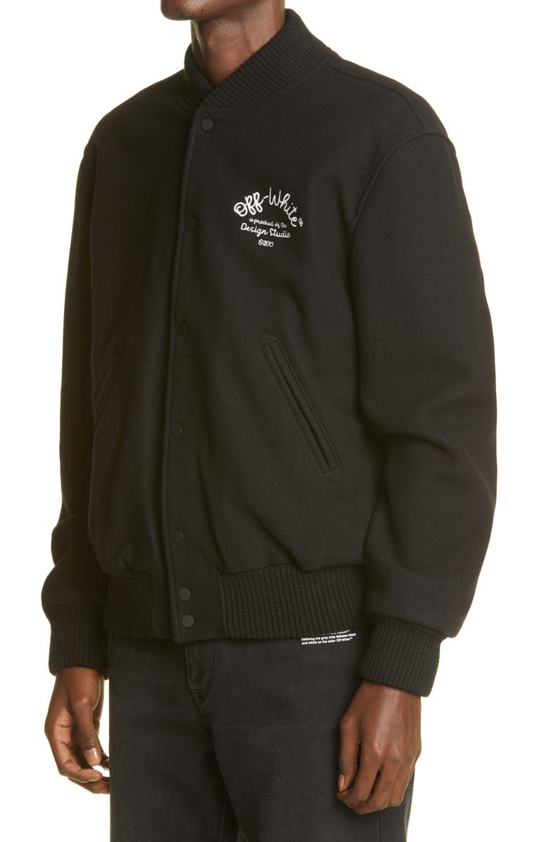 Off-White Logo Arrow Wool Blend Varsity Jacket, Alternate, color,