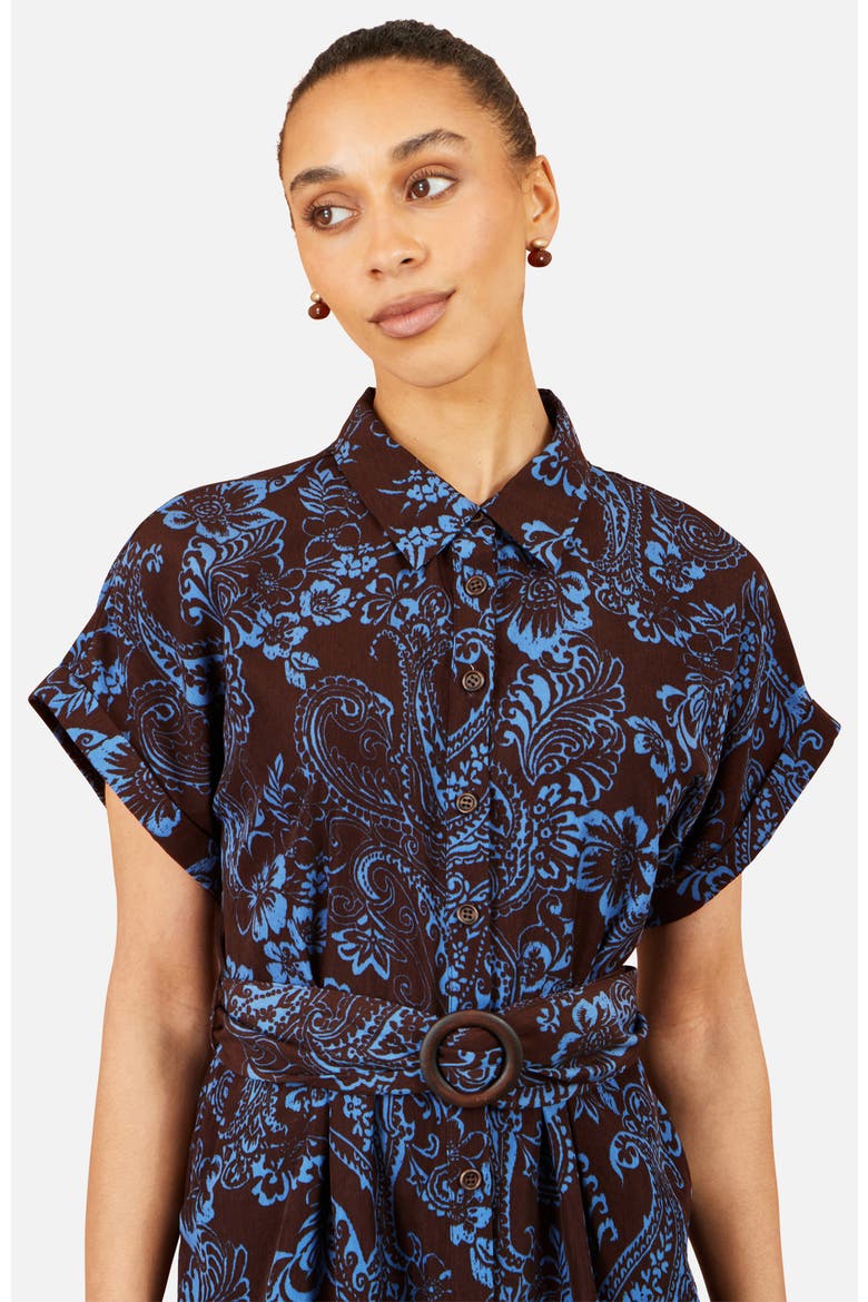 Paisley Belted Midi Shirt Dress, Alternate, color, Brown