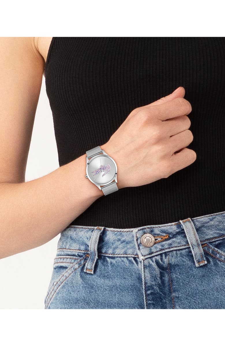 Lacoste Crocodelle Mesh Strap Watch, 36mm, Alternate, color, Silver