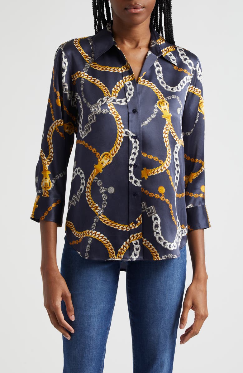 L'AGENCE Dani Chain Print Silk Button-Up Shirt, Main, color, 