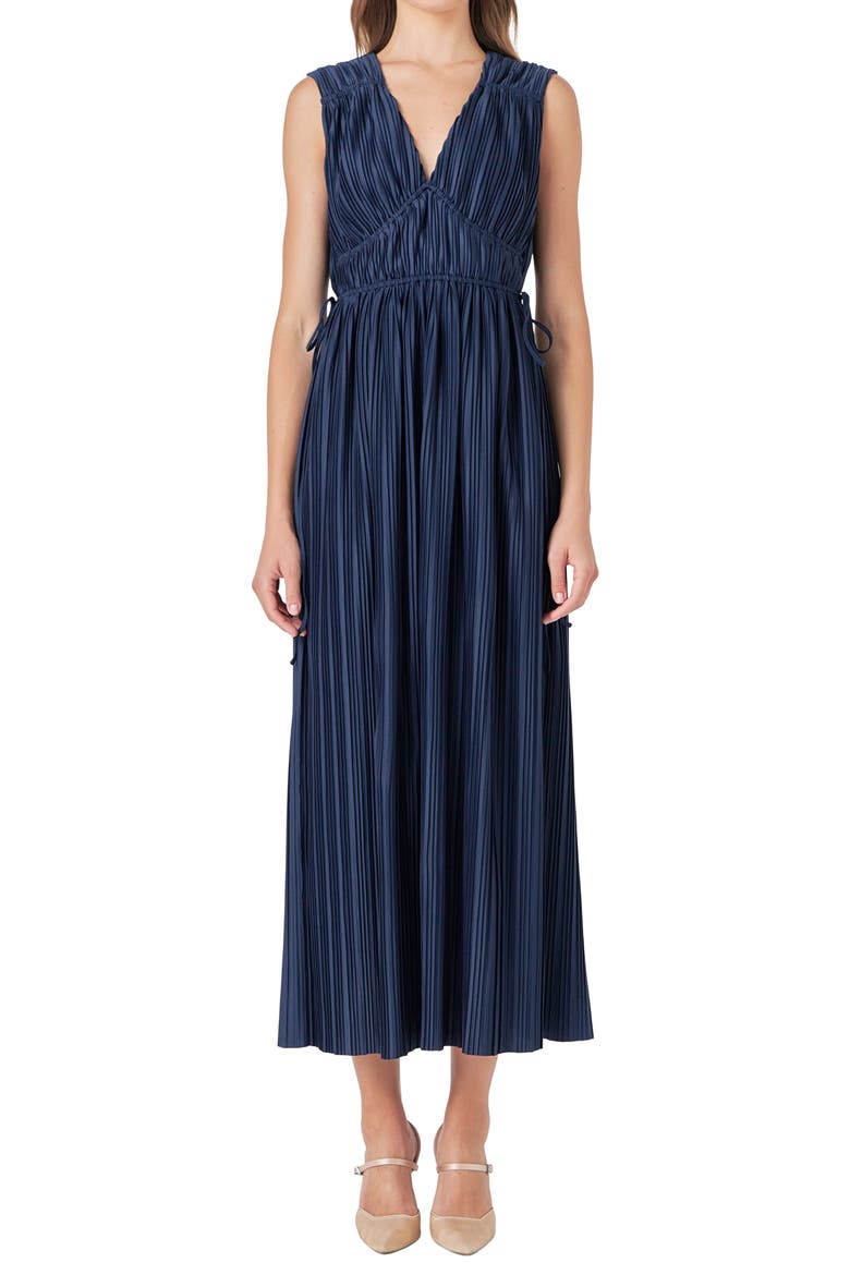 Sleeveless Micropleat Maxi Dress, Alternate, color, NAVY