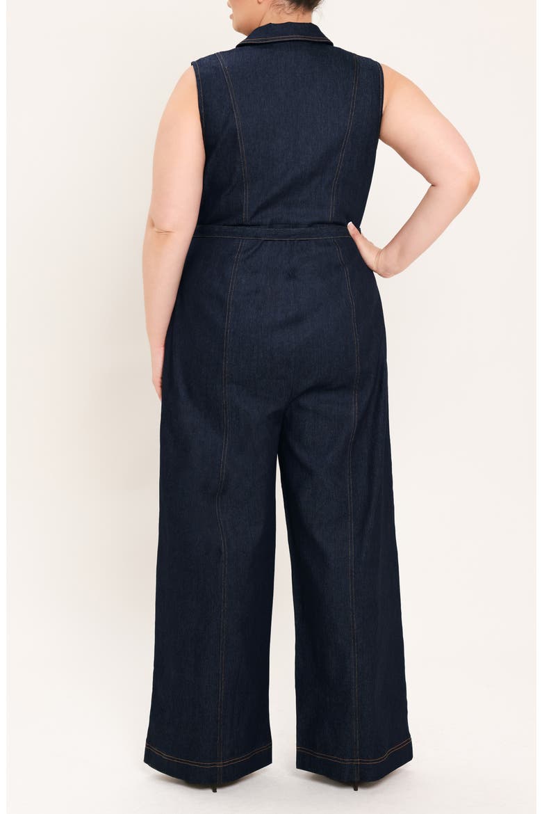 Zip Front Wide Leg Denim Jumpsuit, Alternate, color, DARK DENIM