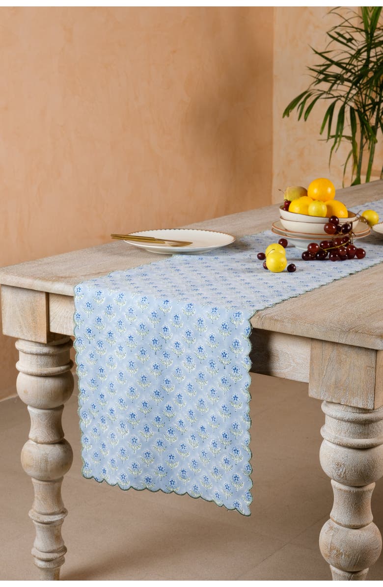 Inner Child Mona Scallop Embroidered Blockprint Tablerunner, Main, color, Blue