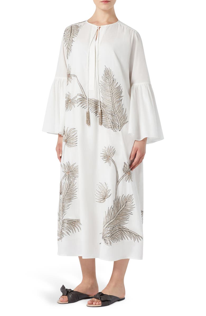 Marina Rinaldi York Metallic Floral Crystal Detail Long Sleeve Cotton Dress, Main, color, Optical White