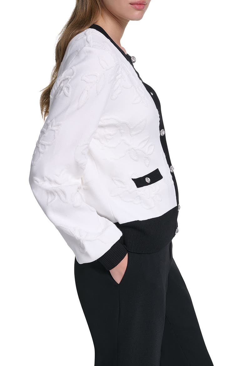 Jacquard Pattern Crewneck Cardigan, Alternate, color, SOFT WHITE/ BLACK
