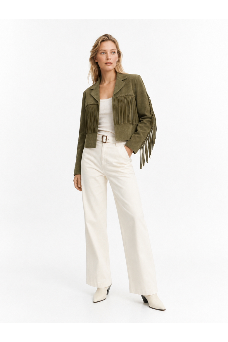 Allegra Fringe Suede Leather Jacket, Alternate, color, Green