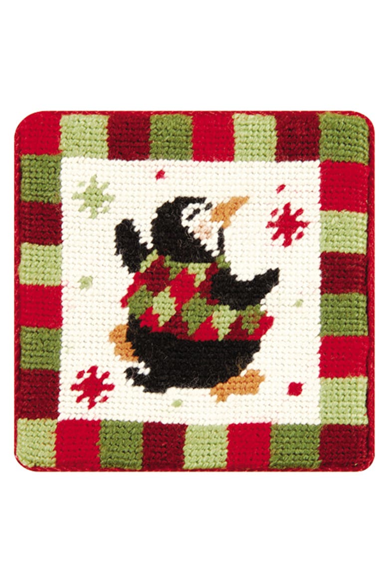 4" Dancing Penguins Holiday Petit Point Coasters Set of 4, Alternate, color, Off-White