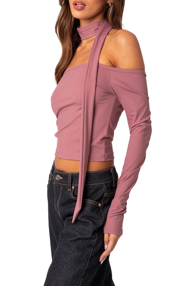 EDIKTED Off-the-Shoulder Long Sleeve Crop Top & Scarf, Alternate, color,