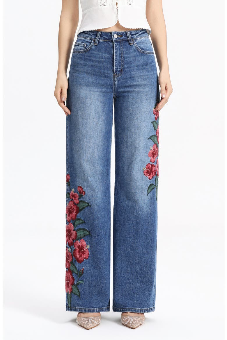 Floral Embroidered High Waist Straight Leg Jeans, Main, color, OBLIQUE