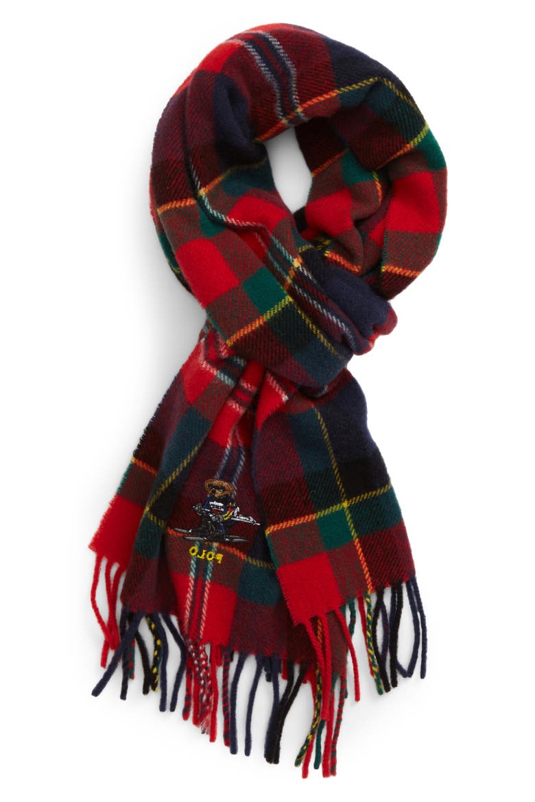 Embroidered Bear Tartan Wool Scarf, Main, color, RED TARTAN