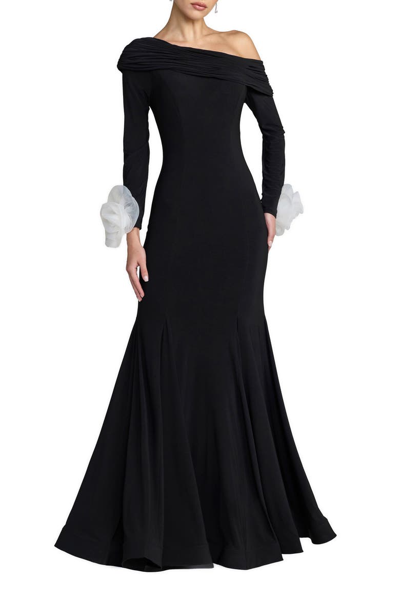 One Shoulder Long Sleeve Mermaid Jersey Gown, Main, color, Black Ivory