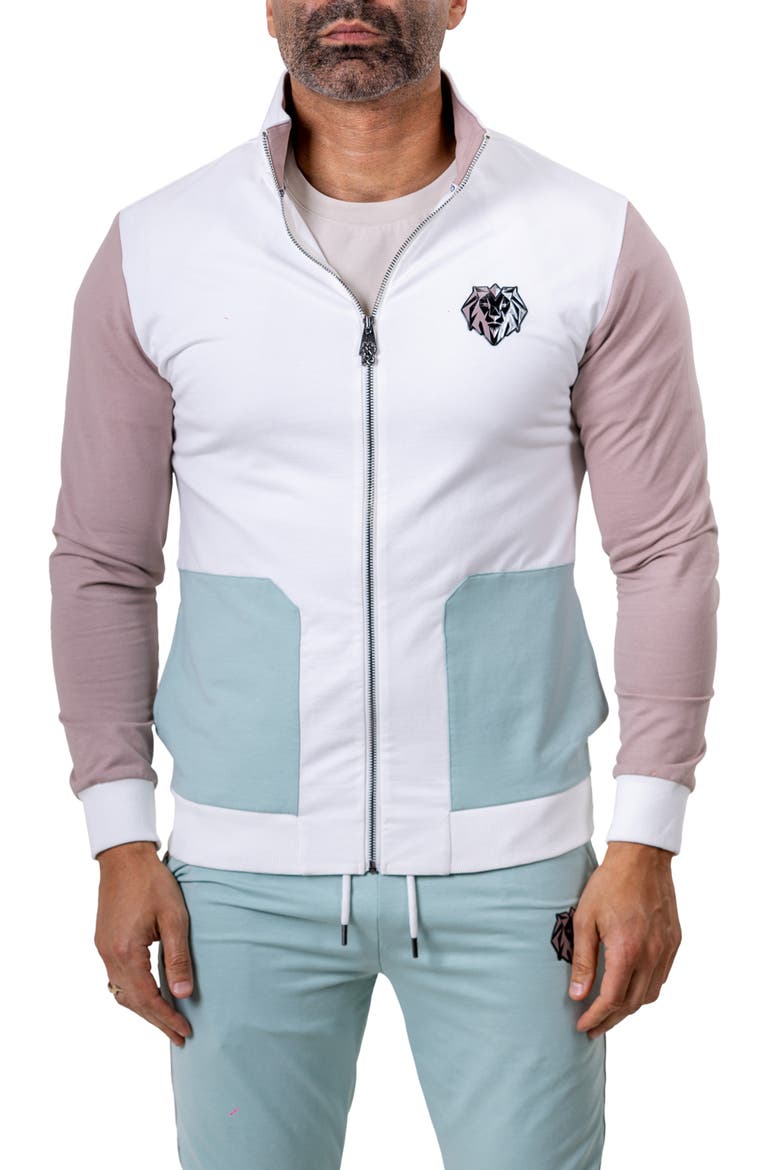Zipper Refined90 Grey Colorblock Knit Track Jacket, Main, color, WHITE