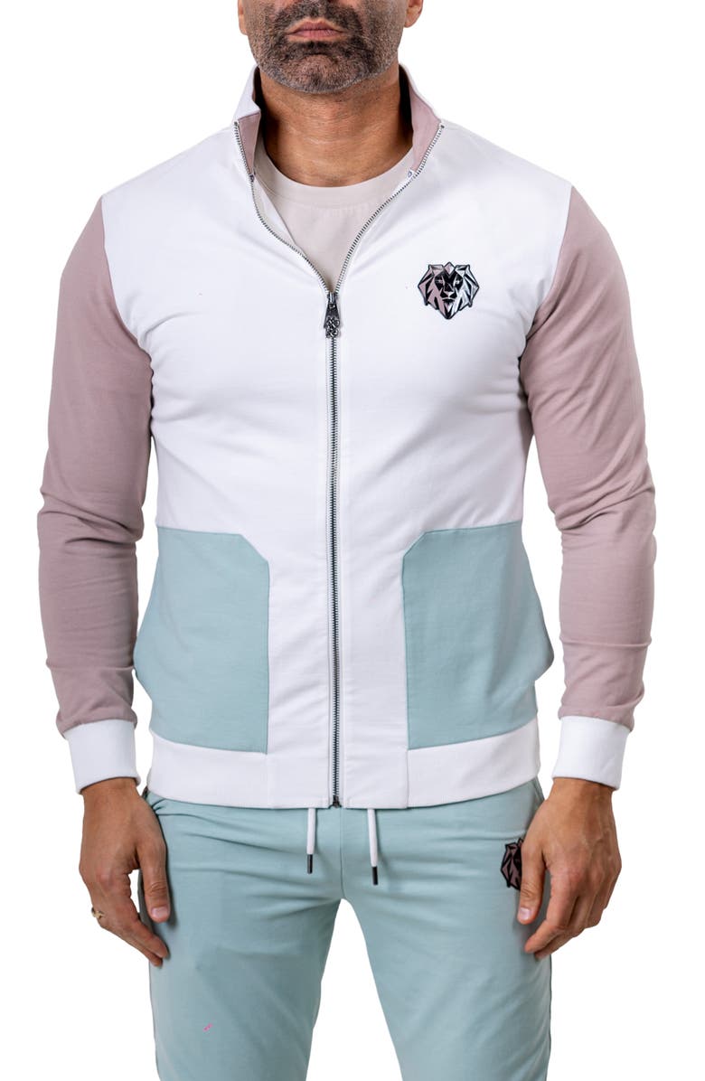 Maceoo Zipper Refined90 Grey Colorblock Knit Track Jacket, Main, color, White