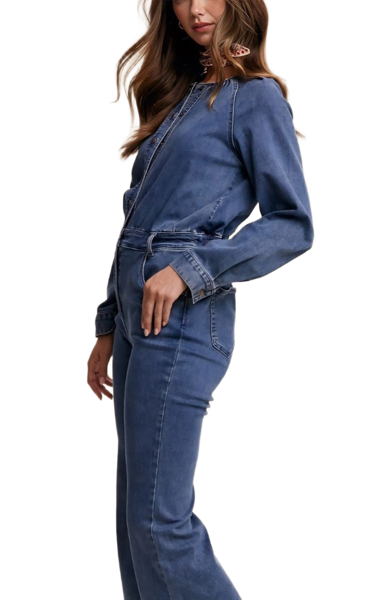 Knit and Lounge Denim Button-Front Flare Jumpsuit, Alternate, color, 