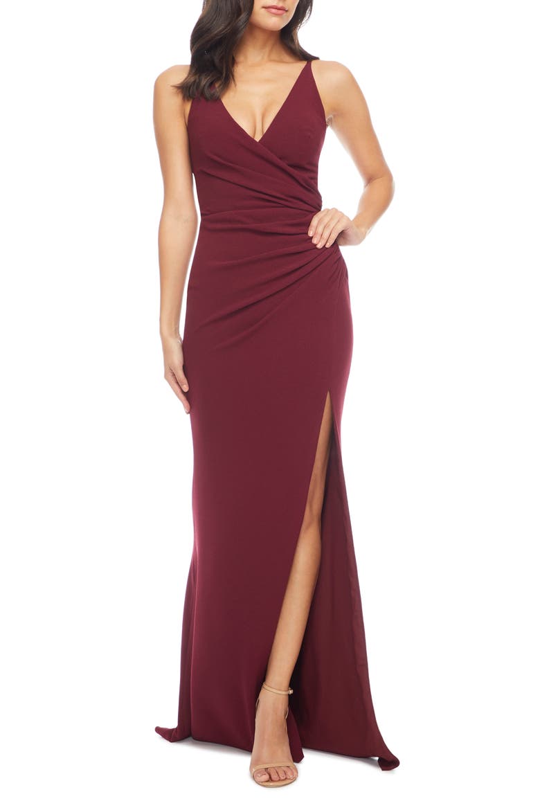 Jordan Ruched Side Slit Gown, Main, color, BURGUNDY