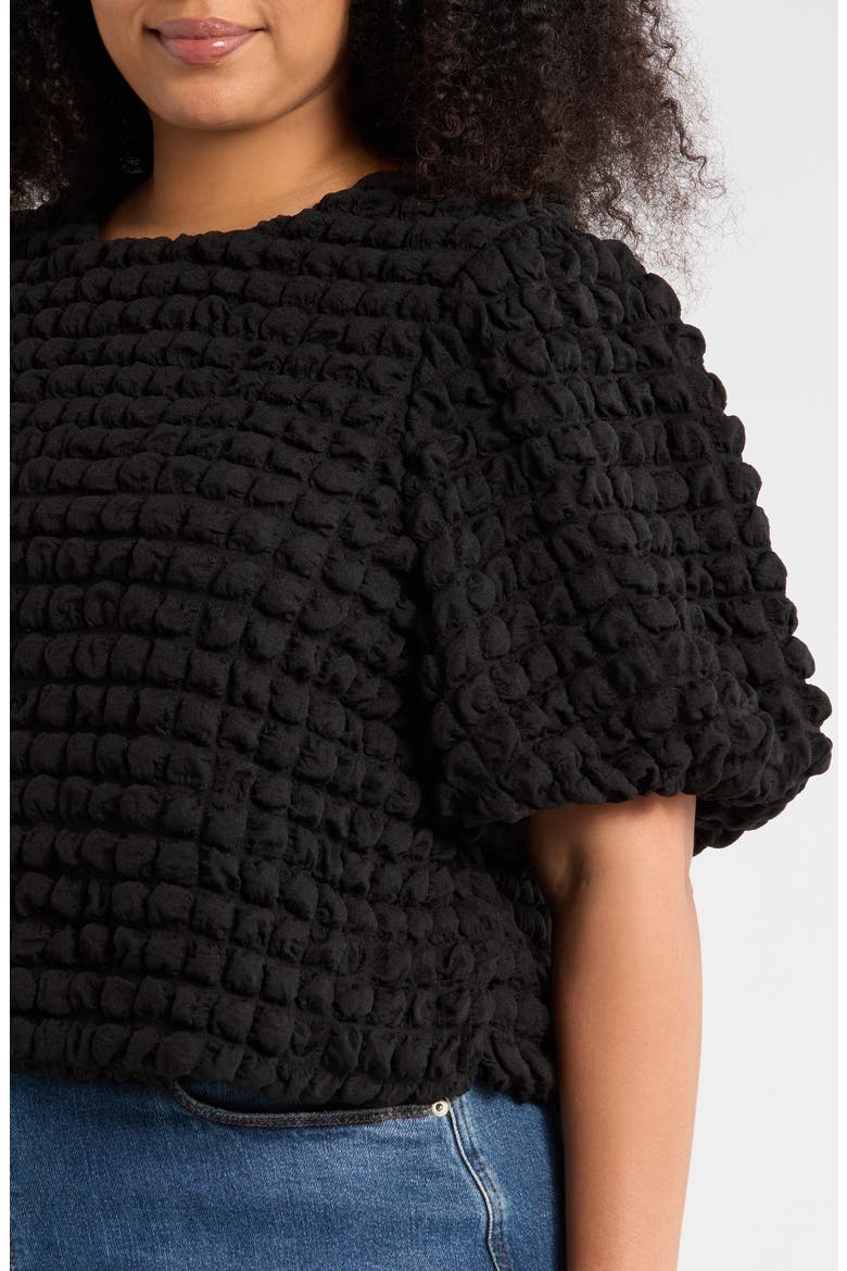 Texture Puff Sleeve Crop Top, Alternate, color, BLACK