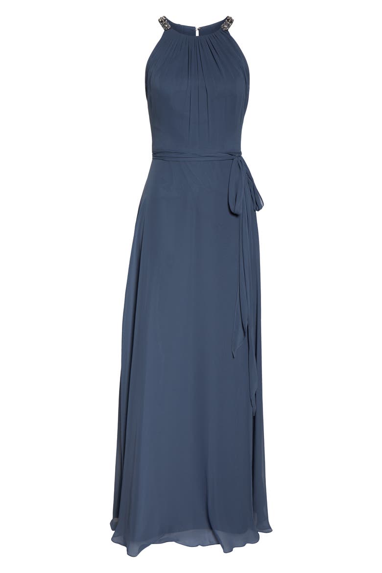 Crystal Strap Chiffon A-Line Gown, Alternate, color, SILVERSTONE
