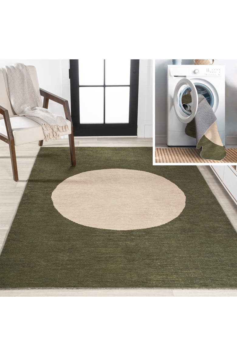 Cirkel Minimalist Geometric Dot Machine-Washable Area Rug, Main, color, Green/Cream