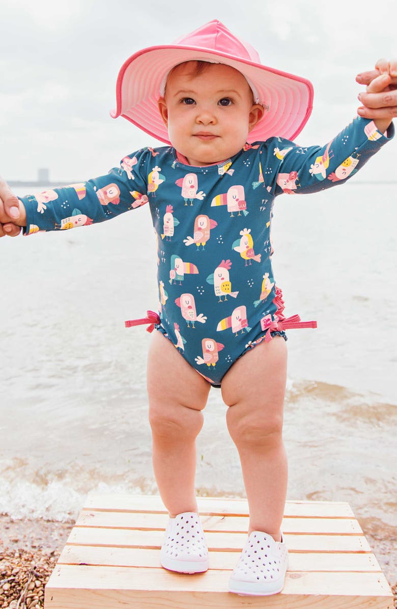 RuffleButts You're The Tweetest One-Piece Rashguard Swimsuit & Hat Set, Alternate, color, 