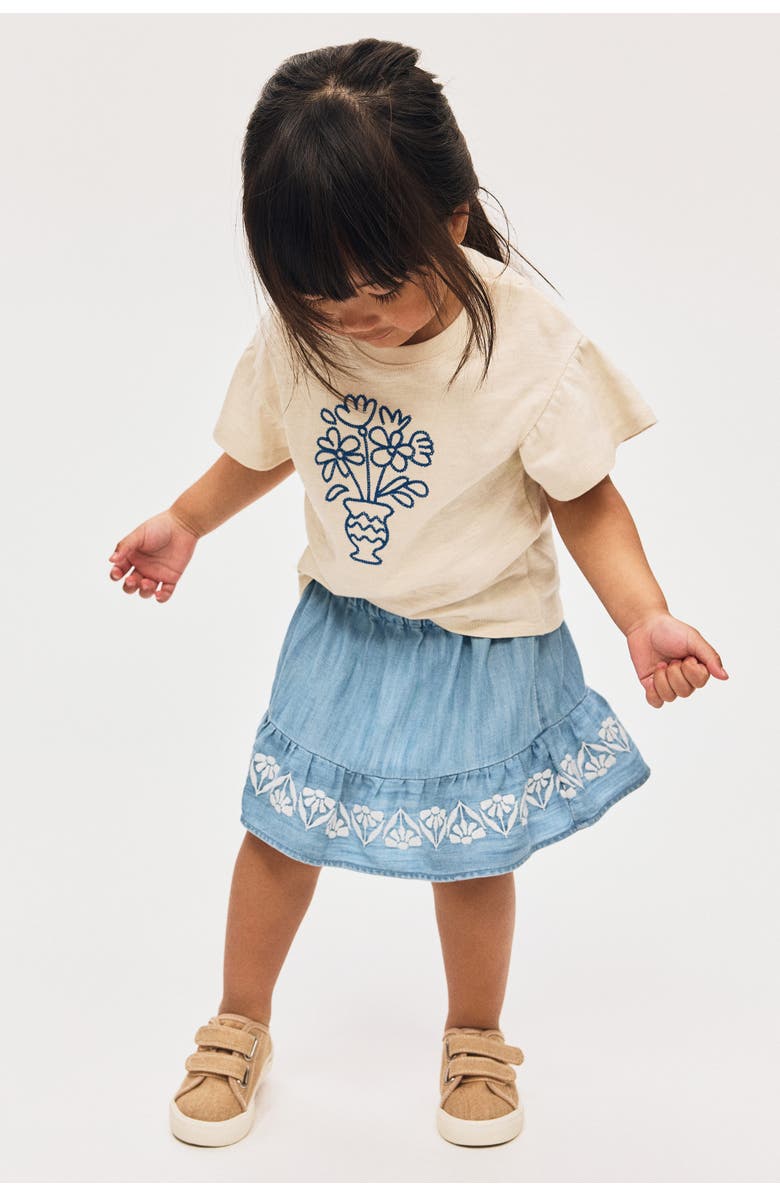 H&M Embroidery-detail Denim Skirt, Alternate, color, Blue/White Flowers