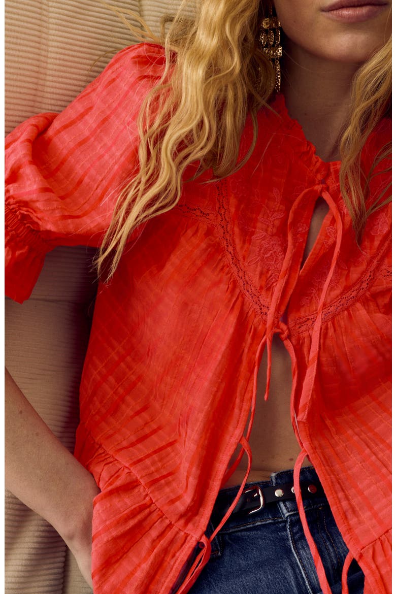 Embroidered Tie Front Top, Alternate, color, BRIGHT ORANGE