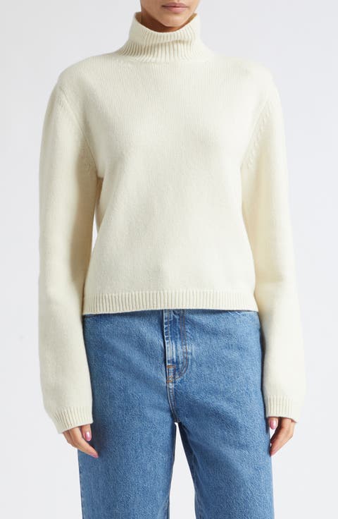 Statement Shoulder Wool & Cashmere Crop Turtleneck Sweater