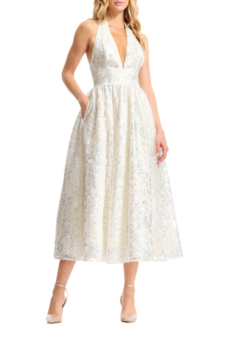 Christina Sequin Floral Cocktail Midi Dress, Main, color, OFF WHITE