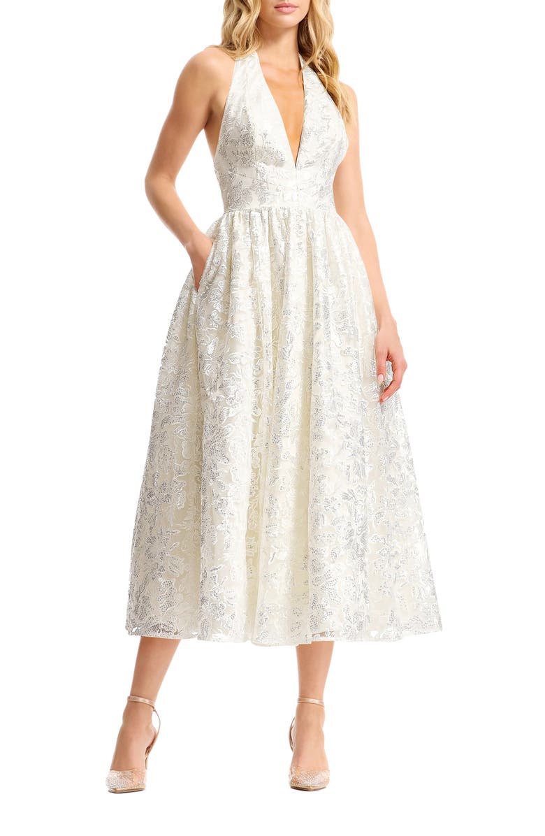 Dress the Population Christina Sequin Floral Cocktail Midi Dress, Main, color, Off White