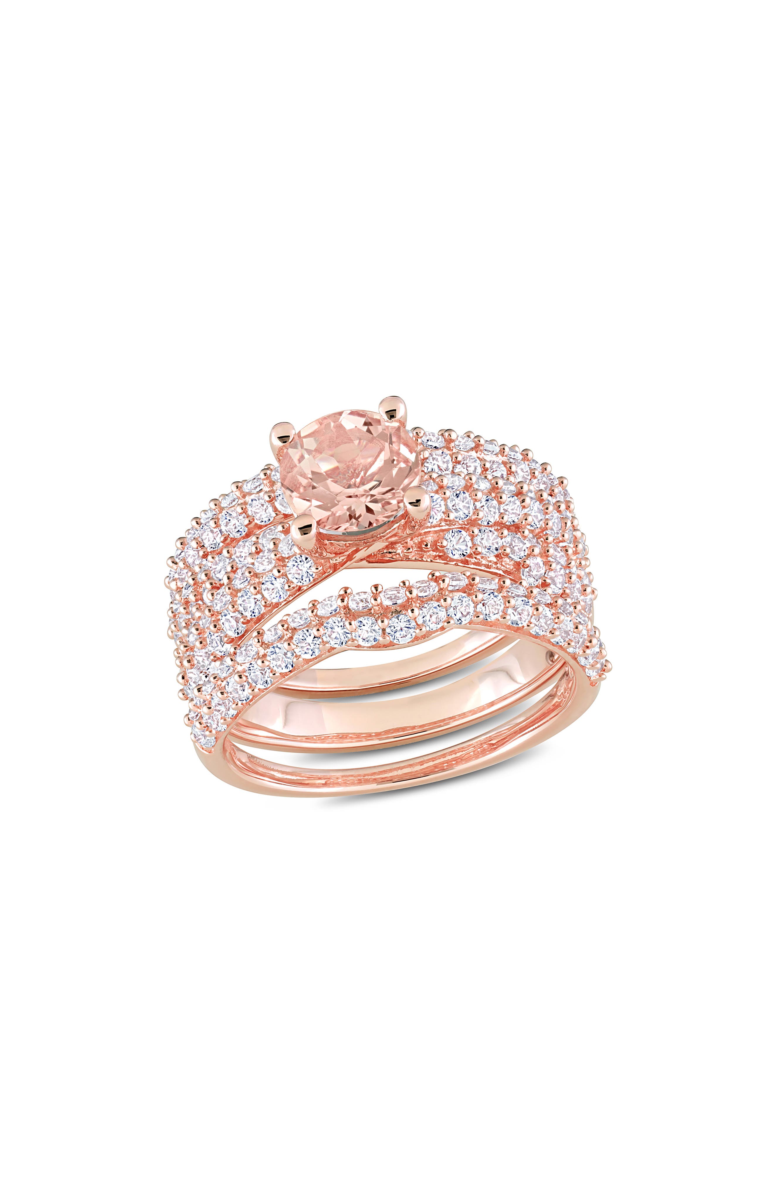 DELMAR Set of 3 Morganite & Lab Created White Sapphire Stackable Rings