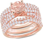 DELMAR Set of 3 Morganite & Lab Created White Sapphire Stackable Rings