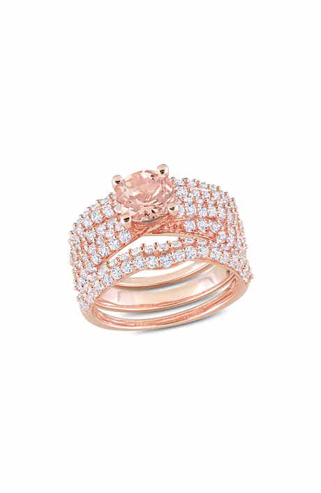 DELMAR Set of 3 Morganite & Lab Created White Sapphire Stackable Rings