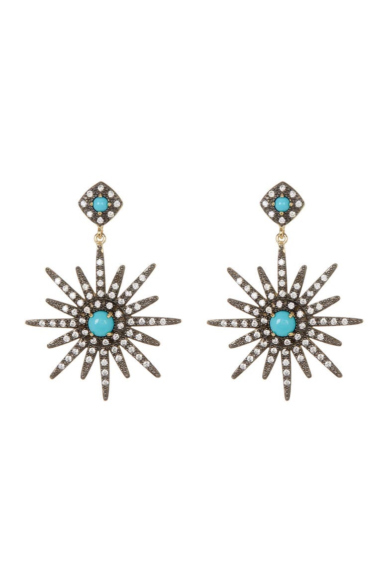 14K Yellow Gold Plated Turquoise & Swarovski Crystal Accented Starburst Earrings, Main, color, BLUE