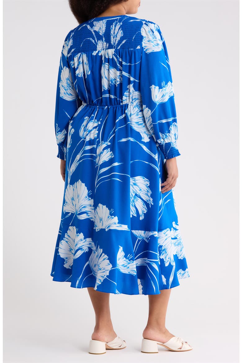Amanlia Floral Keila Long Sleeve Smocked Yoke Midi Dress, Alternate, color, BLUE-WHITE