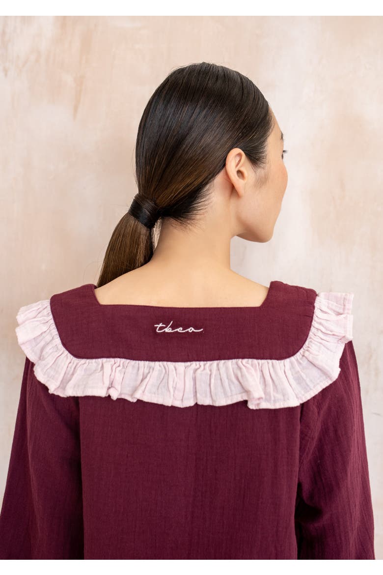 Cotton Cropped Leg Ruffle Pajamas, Alternate, color, Burgundy Ruffle