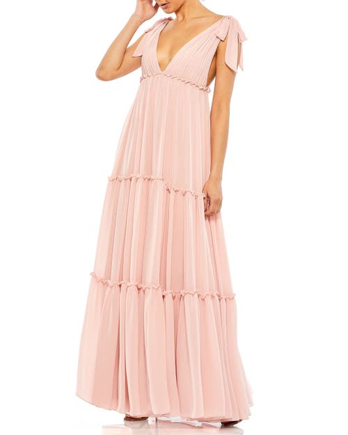 Mac Duggal Tiered V-neck Plunging Maxi Dress