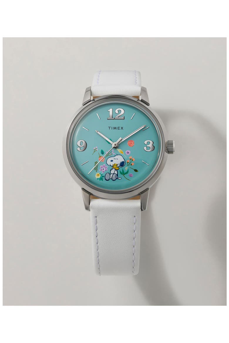 Peanuts® x Timex Marlin® Flower Dial 38mm Leather Strap Watch, Alternate, color, SILVER-TONE